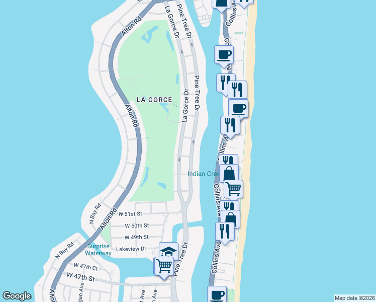 map of restaurants, bars, coffee shops, grocery stores, and more near 5369 Pine Tree Drive in Miami Beach