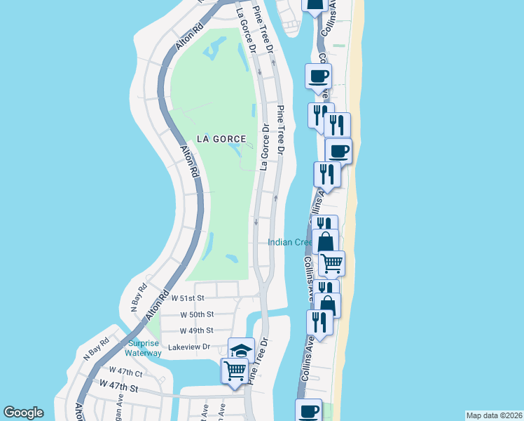 map of restaurants, bars, coffee shops, grocery stores, and more near 5360 West 54th Street in Miami Beach