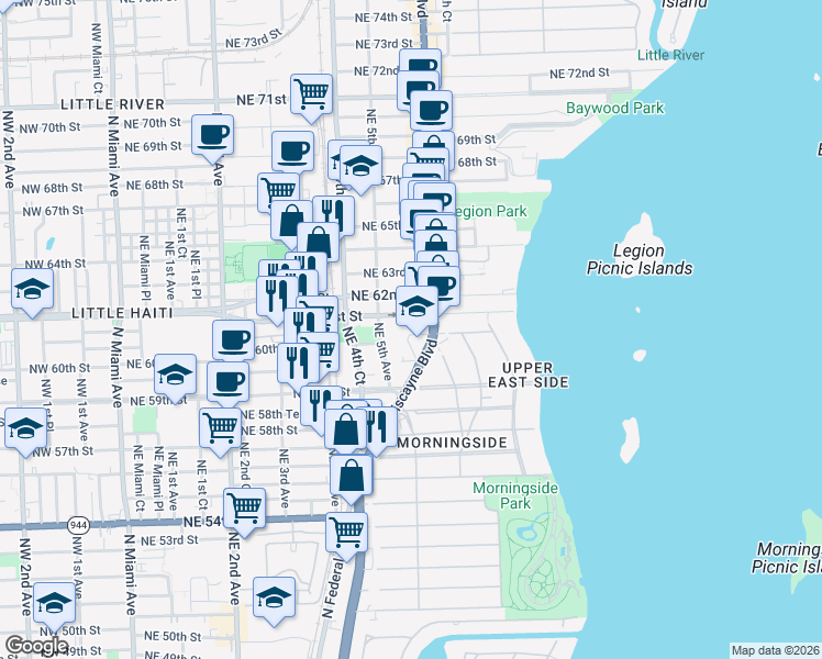 map of restaurants, bars, coffee shops, grocery stores, and more near 551 Northeast 60th Street in Miami