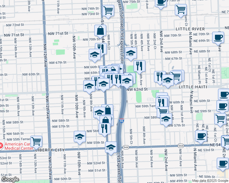 map of restaurants, bars, coffee shops, grocery stores, and more near 6102 Northwest 6th Avenue in Miami