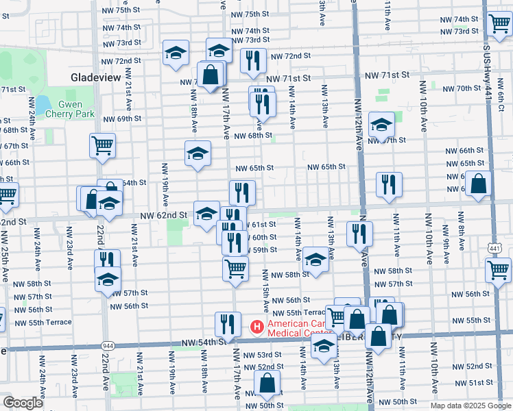 map of restaurants, bars, coffee shops, grocery stores, and more near 1500 Northwest 62nd Terrace in Miami