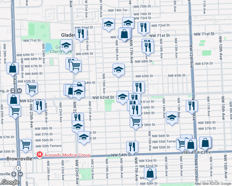 map of restaurants, bars, coffee shops, grocery stores, and more near in Brownsville