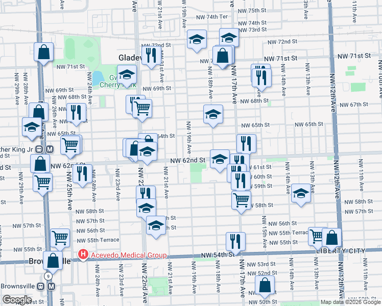 map of restaurants, bars, coffee shops, grocery stores, and more near in Brownsville