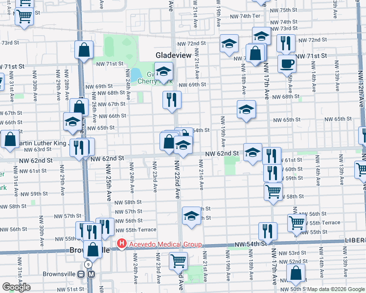 map of restaurants, bars, coffee shops, grocery stores, and more near 2145 Northwest 62nd Street in Miami