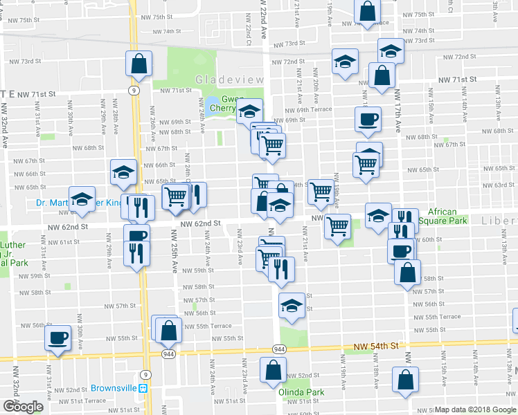 map of restaurants, bars, coffee shops, grocery stores, and more near 2229 Northwest 62nd Street in Miami