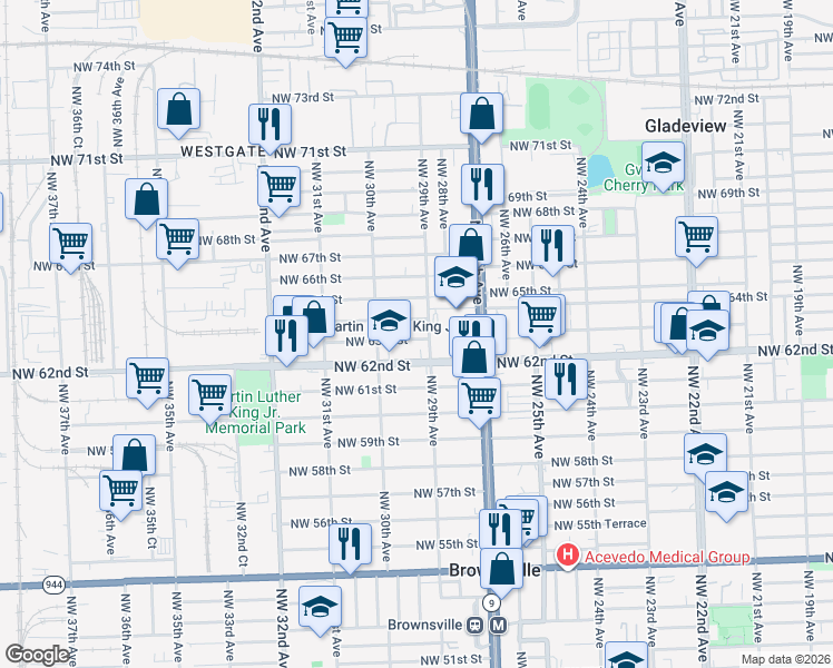 map of restaurants, bars, coffee shops, grocery stores, and more near 2945 Northwest 62nd Street in Miami
