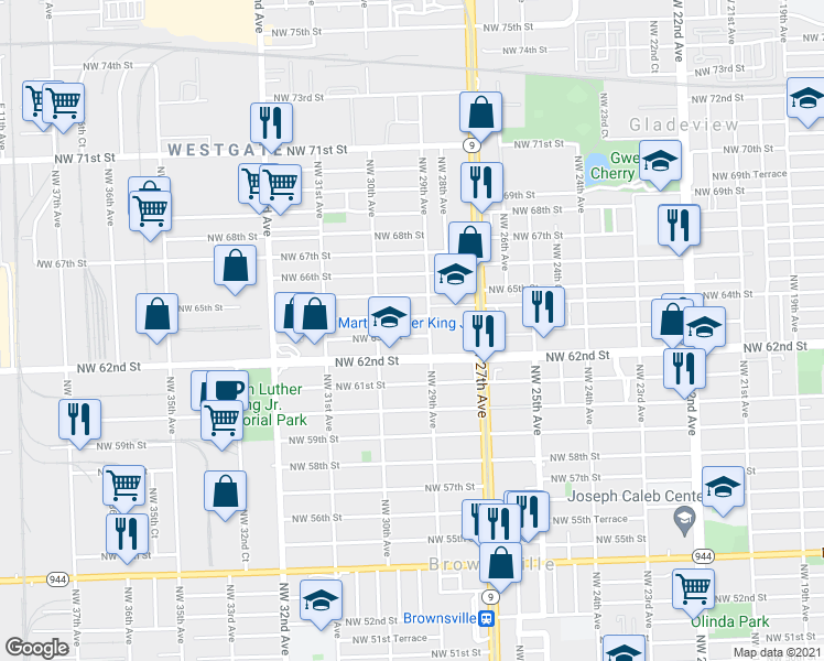 map of restaurants, bars, coffee shops, grocery stores, and more near 2945 Northwest 62nd Street in Miami