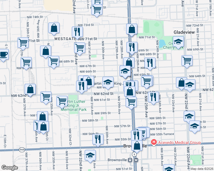 map of restaurants, bars, coffee shops, grocery stores, and more near 3005 Northwest 62nd Street in Miami