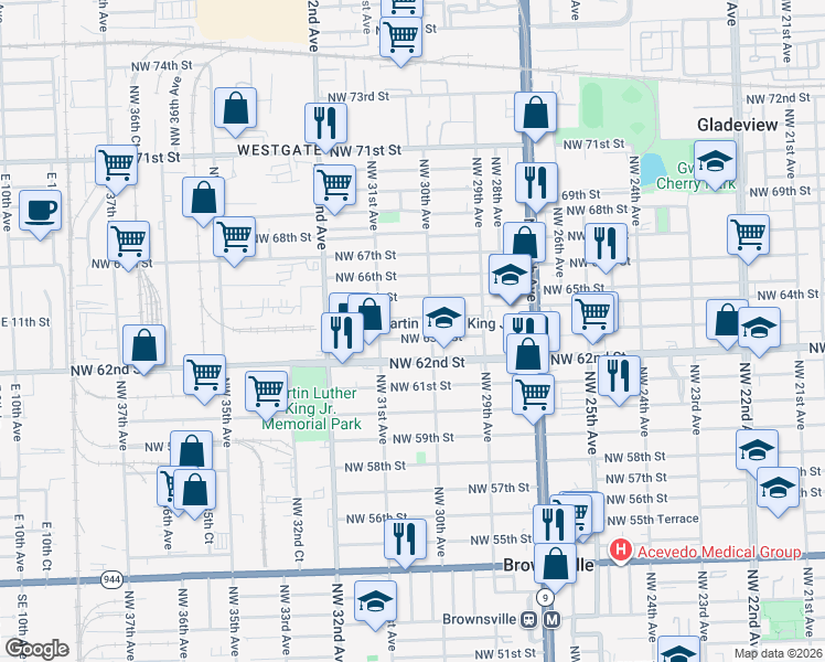 map of restaurants, bars, coffee shops, grocery stores, and more near 3005 Northwest 62nd Street in Miami