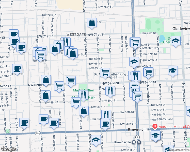 map of restaurants, bars, coffee shops, grocery stores, and more near 3199 Northwest 62nd Street in Miami