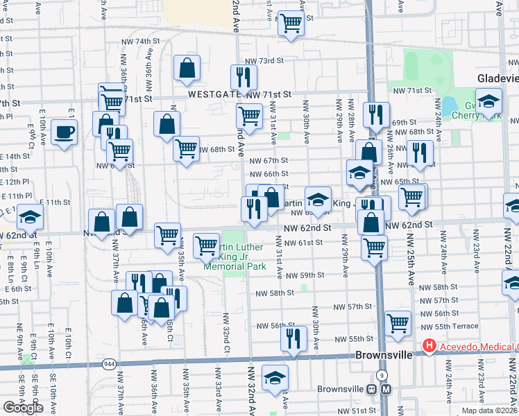 map of restaurants, bars, coffee shops, grocery stores, and more near 6302 NW 31st Ct in Miami