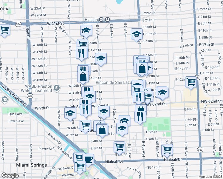 map of restaurants, bars, coffee shops, grocery stores, and more near 160 East 11th Street in Hialeah