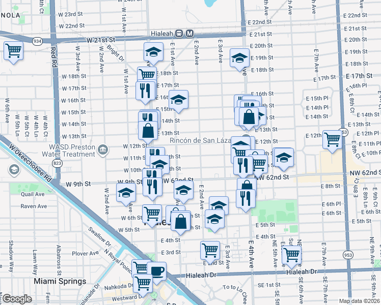 map of restaurants, bars, coffee shops, grocery stores, and more near 160 East 11th Street in Hialeah