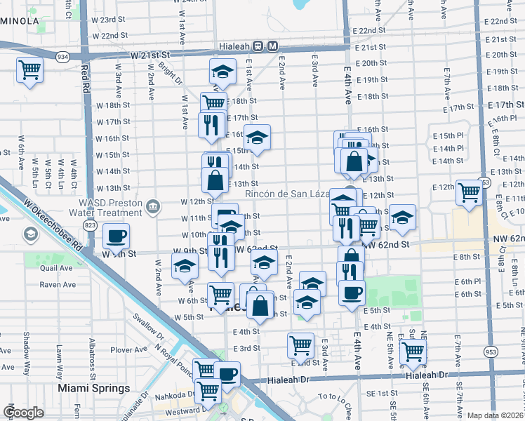 map of restaurants, bars, coffee shops, grocery stores, and more near 160 East 11th Street in Hialeah
