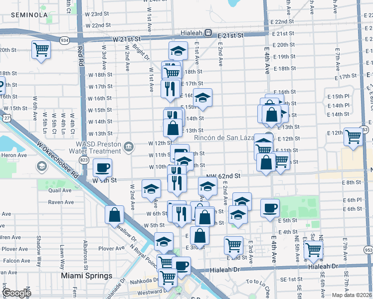 map of restaurants, bars, coffee shops, grocery stores, and more near 1055 Palm Avenue in Hialeah