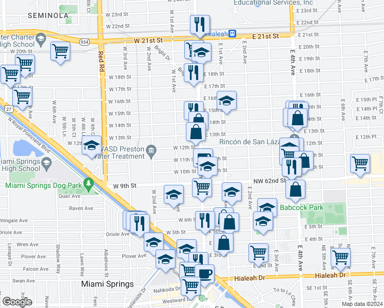 map of restaurants, bars, coffee shops, grocery stores, and more near 60 West 11th Street in Hialeah