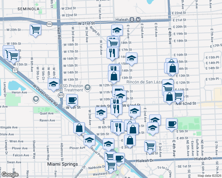 map of restaurants, bars, coffee shops, grocery stores, and more near 60 West 11th Street in Hialeah