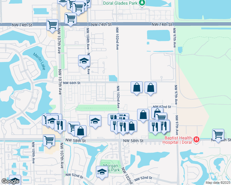 map of restaurants, bars, coffee shops, grocery stores, and more near 10229 Northwest 64th Terrace in Doral