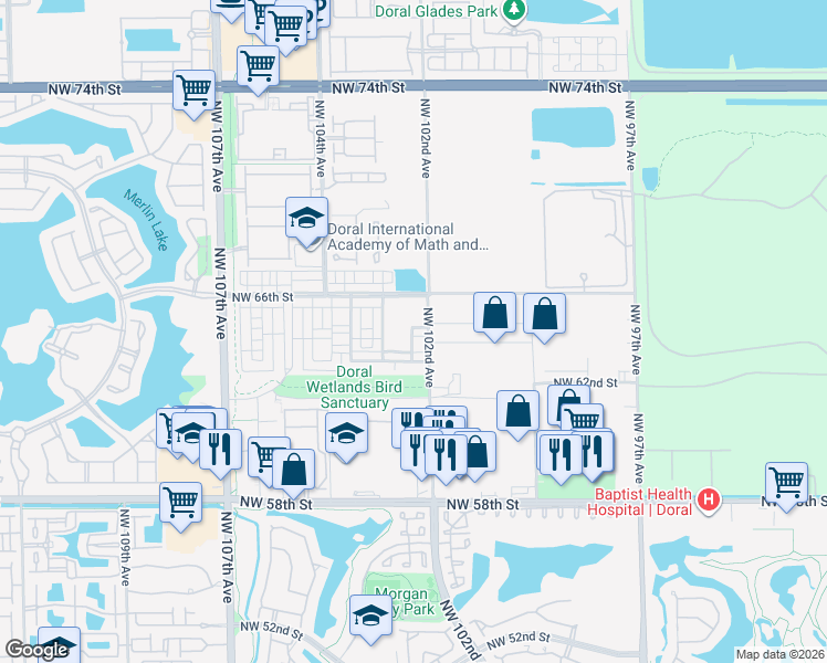 map of restaurants, bars, coffee shops, grocery stores, and more near 10229 Northwest 64th Terrace in Doral