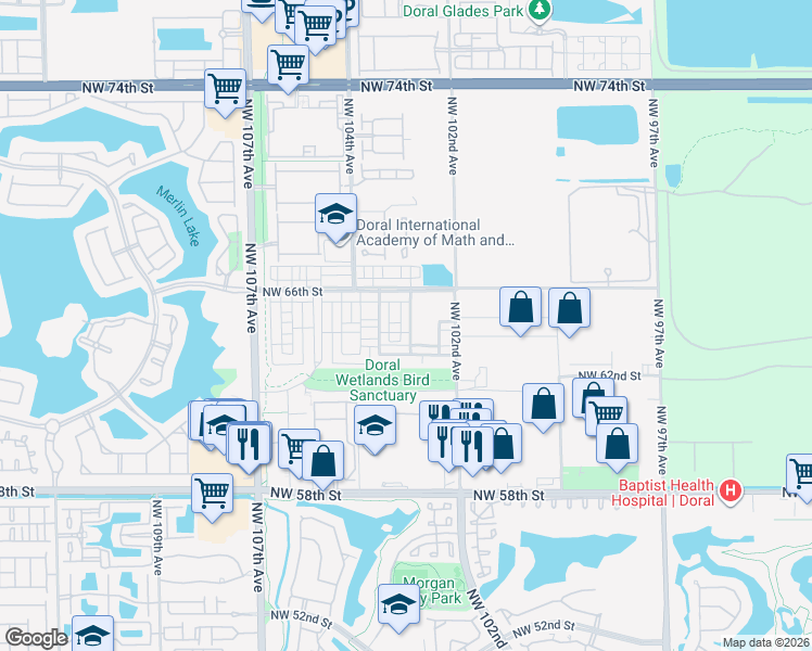 map of restaurants, bars, coffee shops, grocery stores, and more near 6402 Northwest 102nd Path in Doral