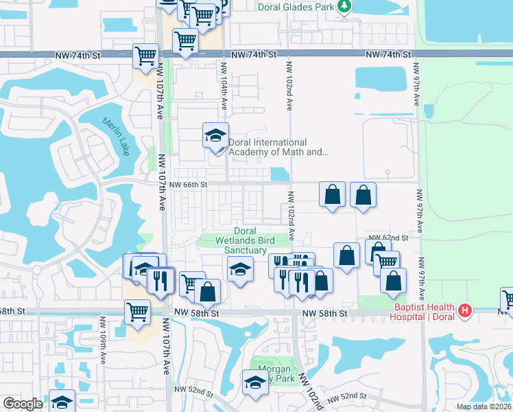 map of restaurants, bars, coffee shops, grocery stores, and more near 6402 Northwest 102nd Path in Doral
