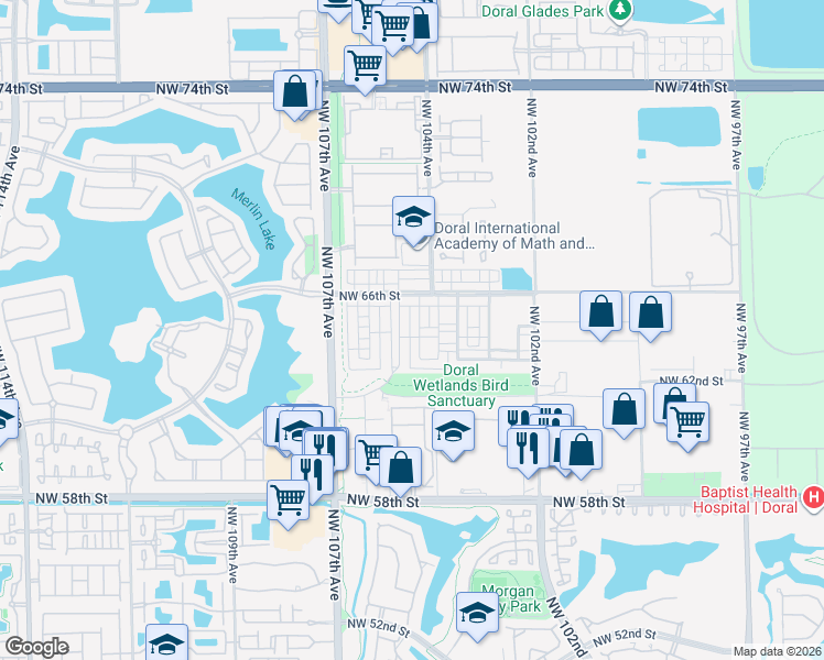 map of restaurants, bars, coffee shops, grocery stores, and more near 6338 Northwest 104th Court in Doral