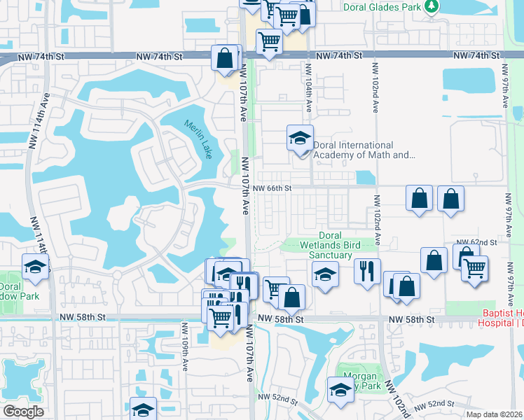 map of restaurants, bars, coffee shops, grocery stores, and more near 6323 Northwest 105th Court in Doral