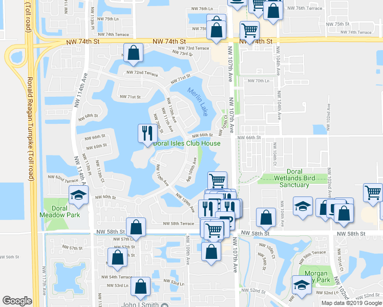 map of restaurants, bars, coffee shops, grocery stores, and more near 6425 Northwest 109th Avenue in Doral