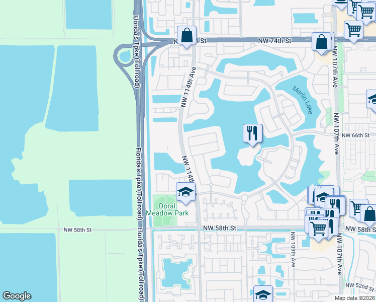 map of restaurants, bars, coffee shops, grocery stores, and more near 6650 Northwest 114th Avenue in Doral