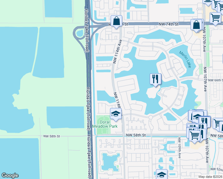 map of restaurants, bars, coffee shops, grocery stores, and more near 6650 Northwest 114th Avenue in Doral
