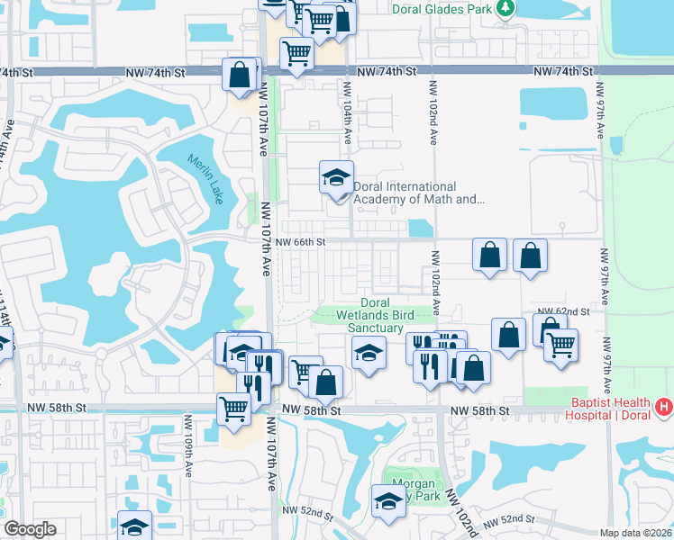map of restaurants, bars, coffee shops, grocery stores, and more near 6338 Northwest 104th Court in Doral