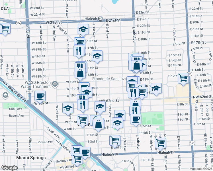 map of restaurants, bars, coffee shops, grocery stores, and more near 160 East 11th Street in Hialeah