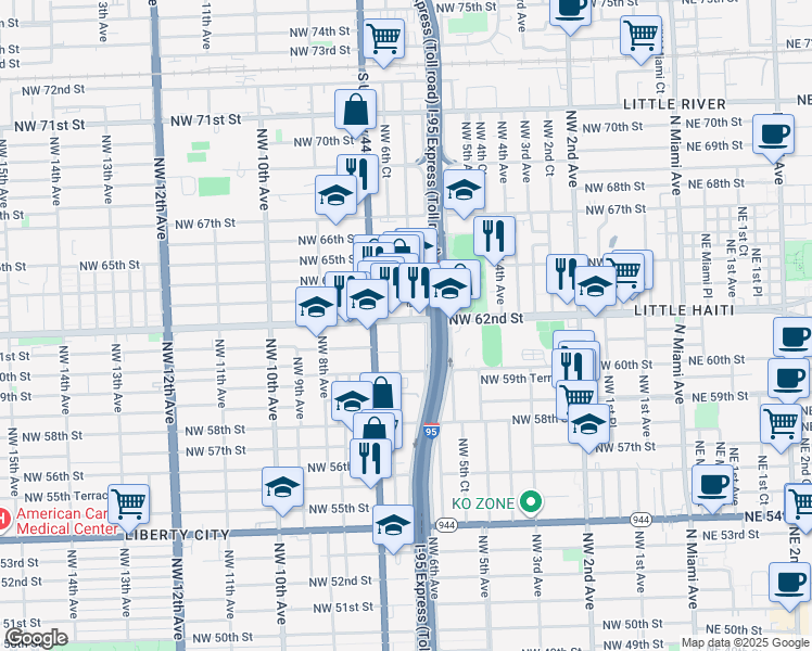 map of restaurants, bars, coffee shops, grocery stores, and more near 6102 Northwest 6th Avenue in Miami