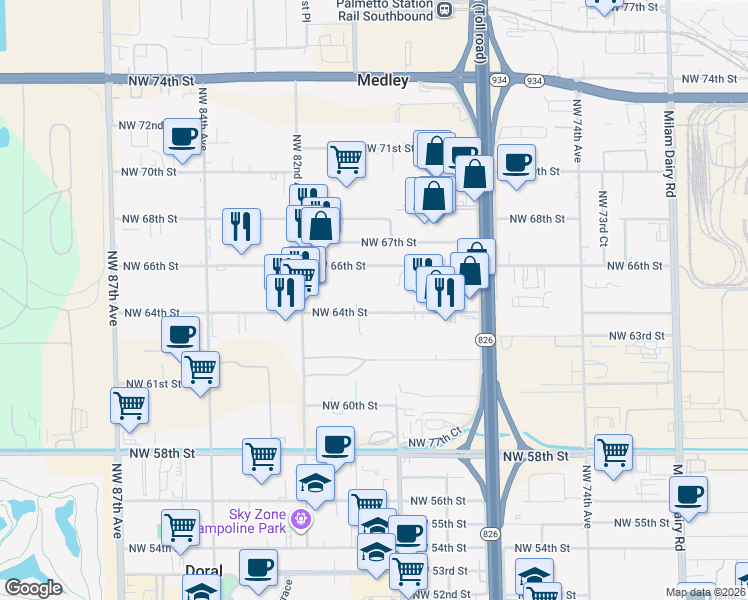 map of restaurants, bars, coffee shops, grocery stores, and more near 7947 NorthWest 64th Street in Miami