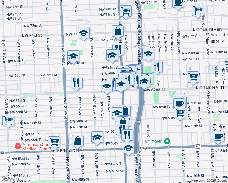 map of restaurants, bars, coffee shops, grocery stores, and more near in Miami
