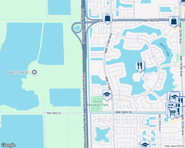 map of restaurants, bars, coffee shops, grocery stores, and more near 5751-5797 Northwest 117th Avenue in Doral