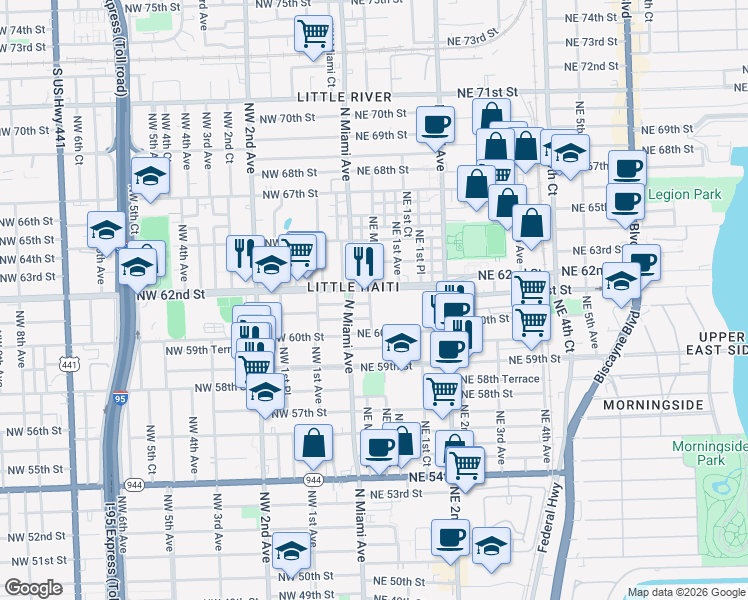 map of restaurants, bars, coffee shops, grocery stores, and more near 21 Northeast 60th Terrace in Miami