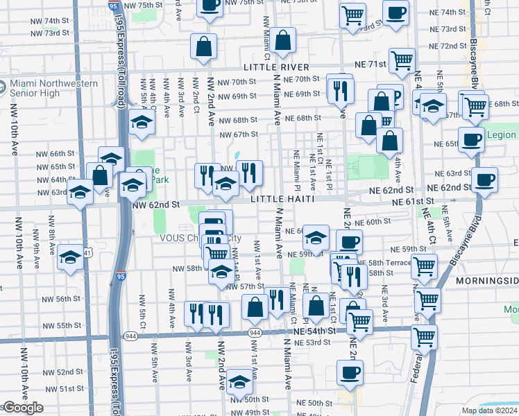 map of restaurants, bars, coffee shops, grocery stores, and more near 47 Northwest 60th Terrace in Miami