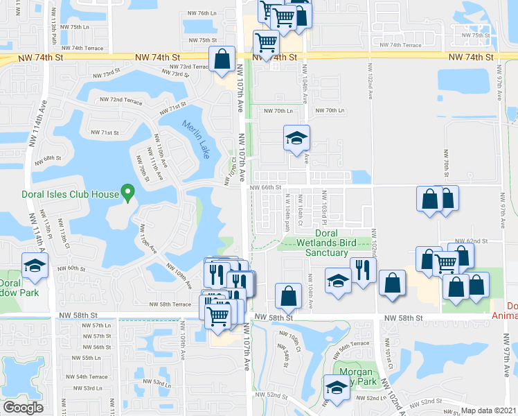 map of restaurants, bars, coffee shops, grocery stores, and more near 6323 Northwest 105th Court in Doral