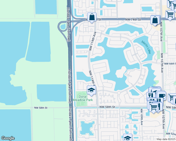map of restaurants, bars, coffee shops, grocery stores, and more near 6650 Northwest 114th Avenue in Doral