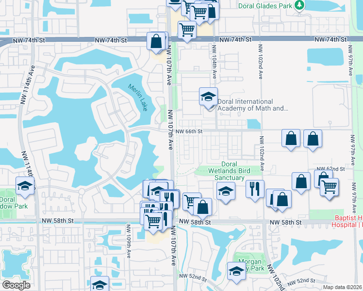 map of restaurants, bars, coffee shops, grocery stores, and more near 6323 Northwest 105th Court in Doral