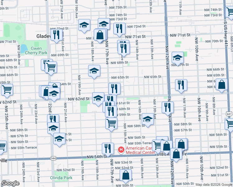 map of restaurants, bars, coffee shops, grocery stores, and more near 1690 Northwest 62nd Street in Miami