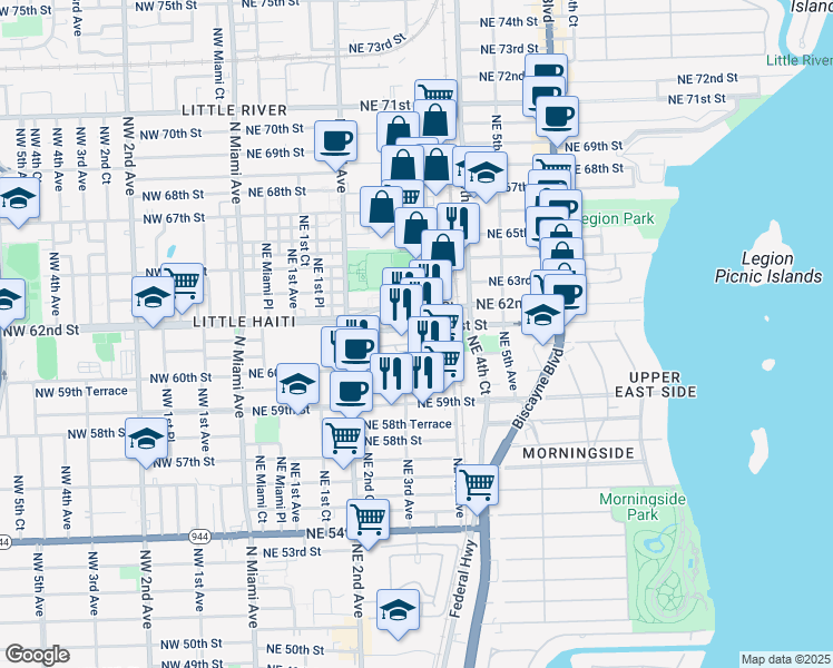 map of restaurants, bars, coffee shops, grocery stores, and more near 300 Northeast 62nd Street in Miami
