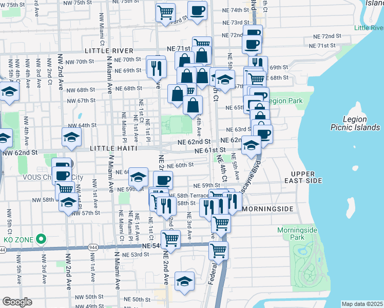 map of restaurants, bars, coffee shops, grocery stores, and more near 300 Northeast 62nd Street in Miami
