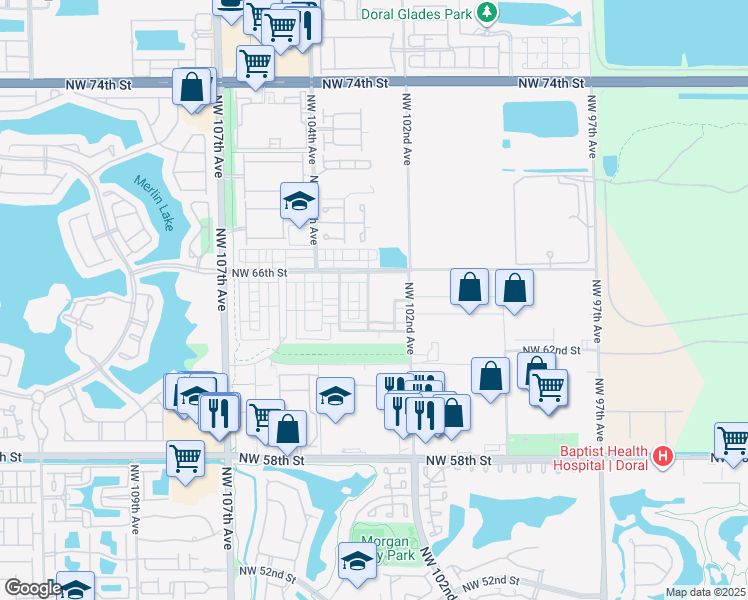 map of restaurants, bars, coffee shops, grocery stores, and more near 6480 Northwest 102nd Path in Doral