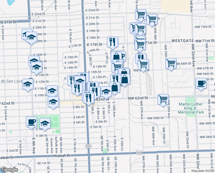 map of restaurants, bars, coffee shops, grocery stores, and more near 1131 East 9th Court in Hialeah