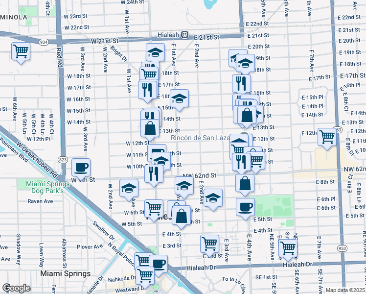 map of restaurants, bars, coffee shops, grocery stores, and more near 159 East 12th Street in Hialeah