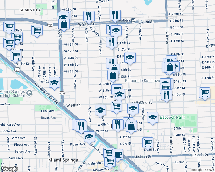 map of restaurants, bars, coffee shops, grocery stores, and more near 55 West 12th Street in Hialeah