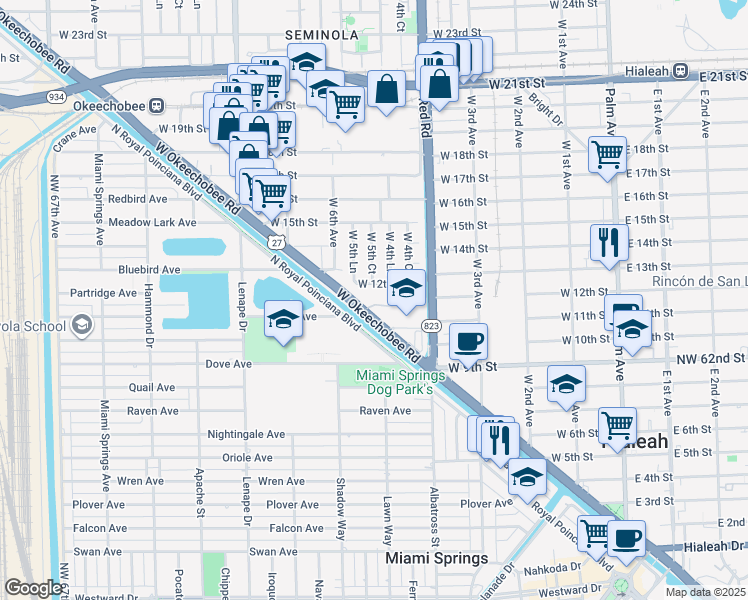 map of restaurants, bars, coffee shops, grocery stores, and more near 1265 West 5th Court in Hialeah