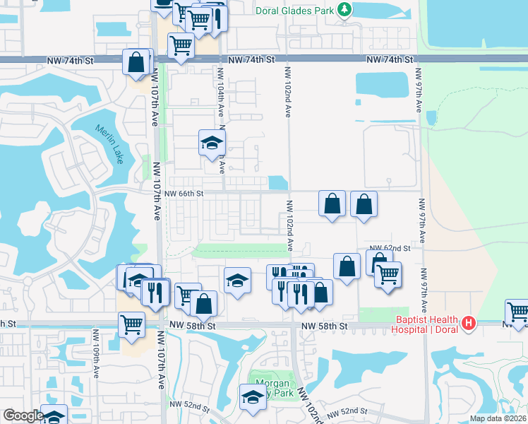 map of restaurants, bars, coffee shops, grocery stores, and more near 6480 Northwest 102nd Path in Doral
